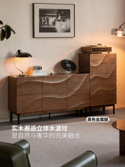 实木斗柜意式轻奢黑胡桃木波浪五边柜床尾储物柜卧室边柜