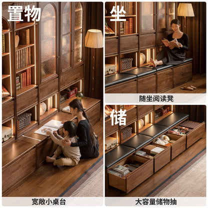 实木书柜卡座一体黑胡桃木展示柜书房法式复古落地储物柜