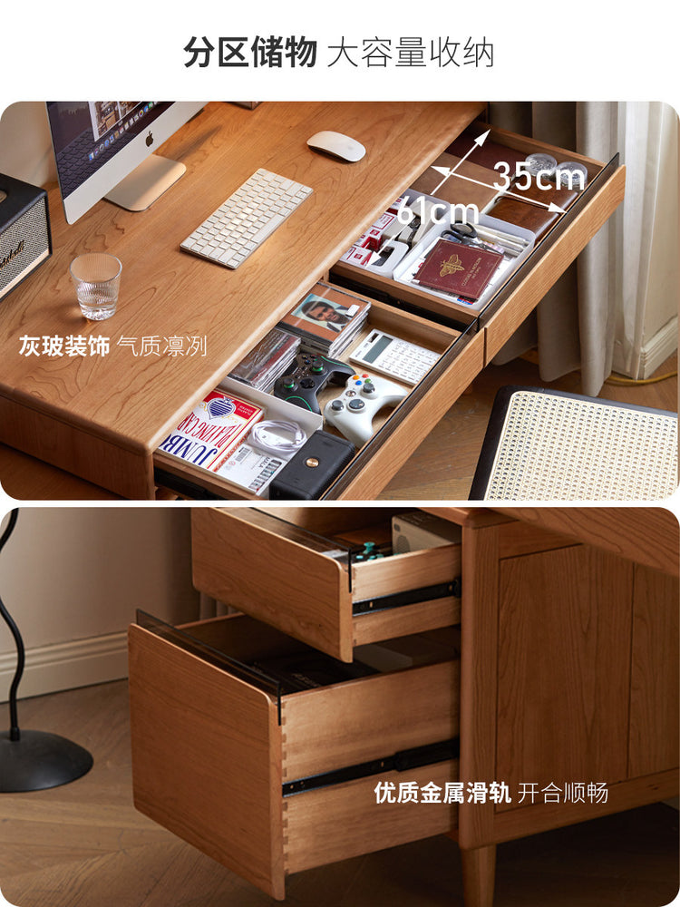 实木伸缩书桌樱桃木复古下柜一体组合学习桌电脑桌