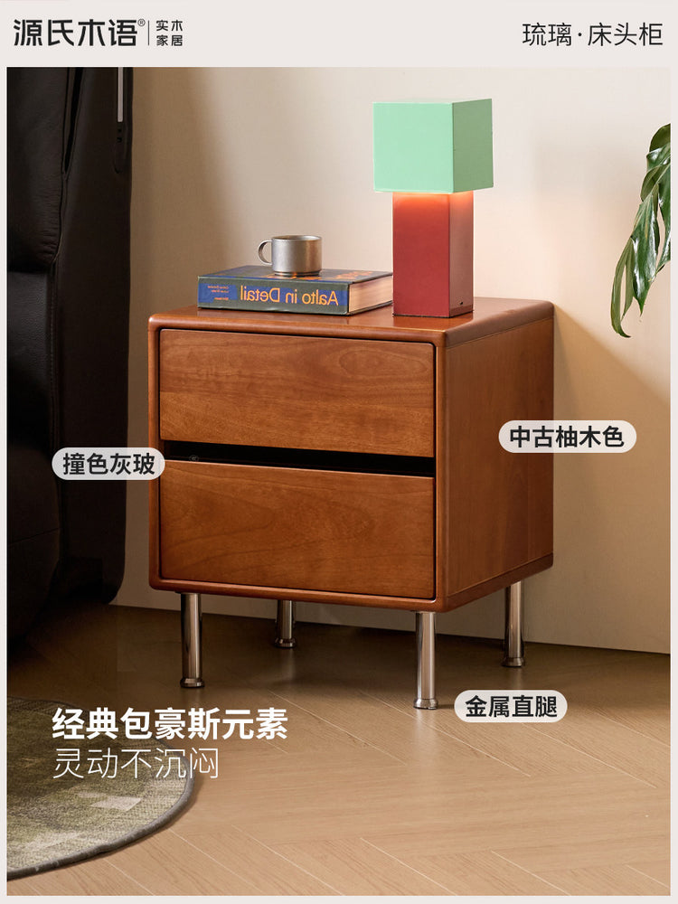实木床头柜美式复古边柜卧室中古包豪斯带插座置物柜
