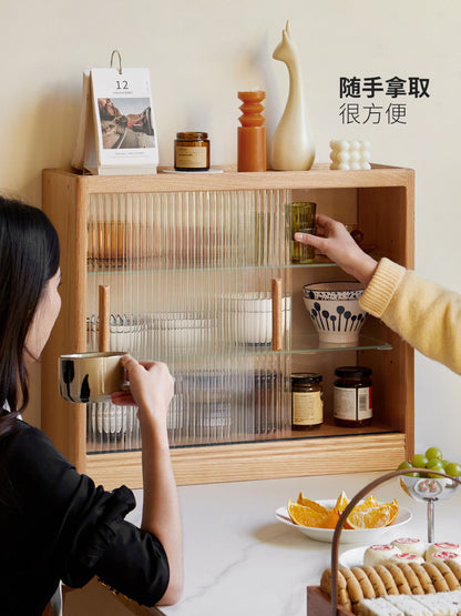 实木桌面置物柜餐厅杯架餐边柜简约茶水柜玻璃移门柜