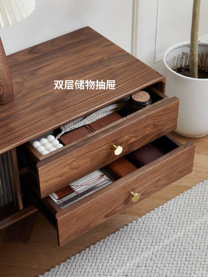 实木电视柜北欧客厅玻璃地柜简约储物柜黑胡桃木地台