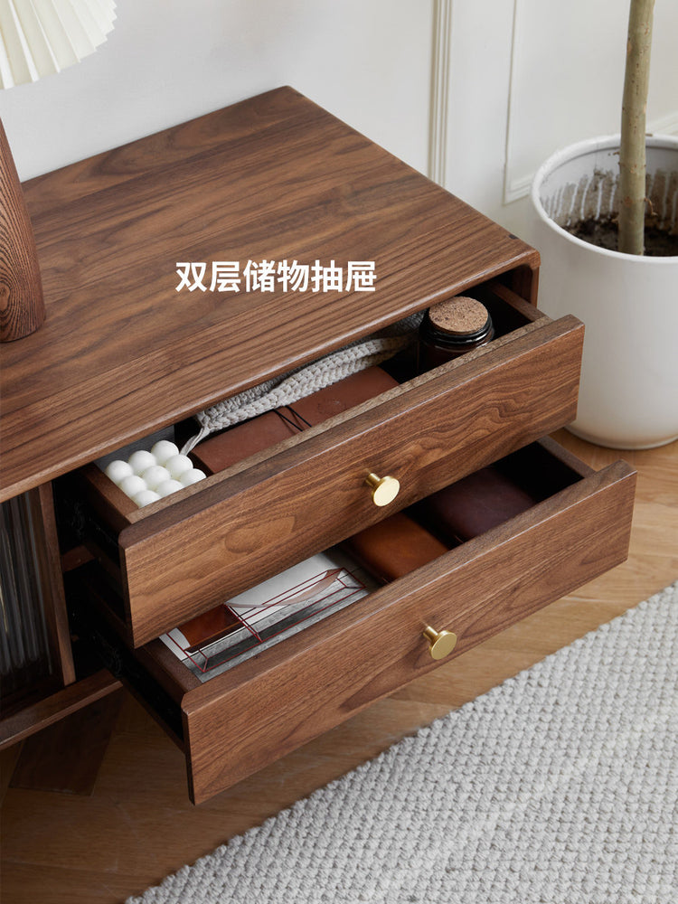 实木电视柜北欧客厅玻璃地柜简约储物柜黑胡桃木地台