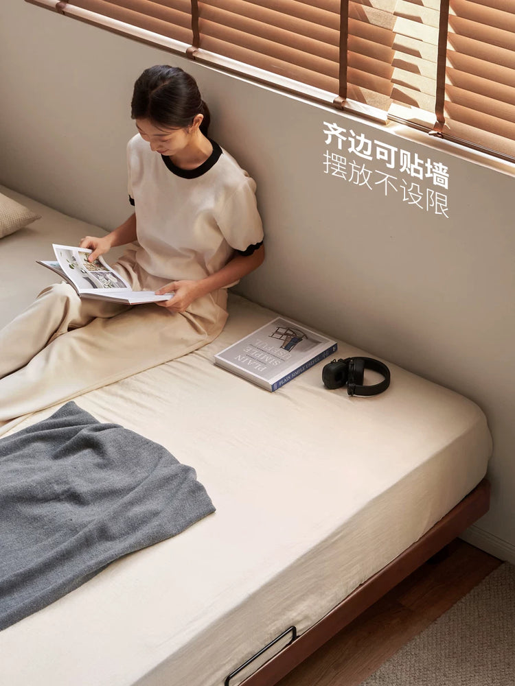 实木床现代简约榻榻米床卧室胡桃色齐边床小户型双人床