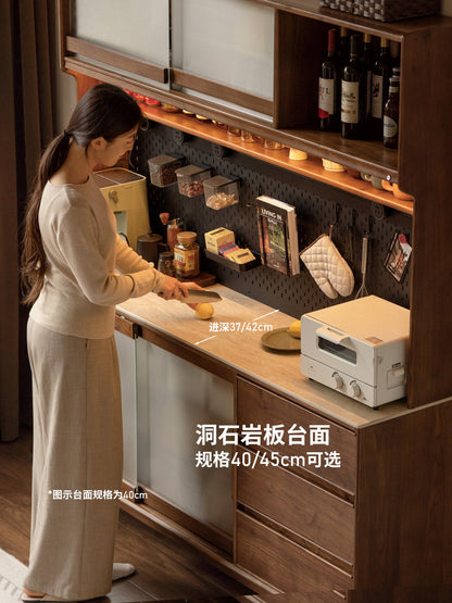 实木餐边柜黑胡桃木厨房储物柜多功能带灯边柜茶水柜