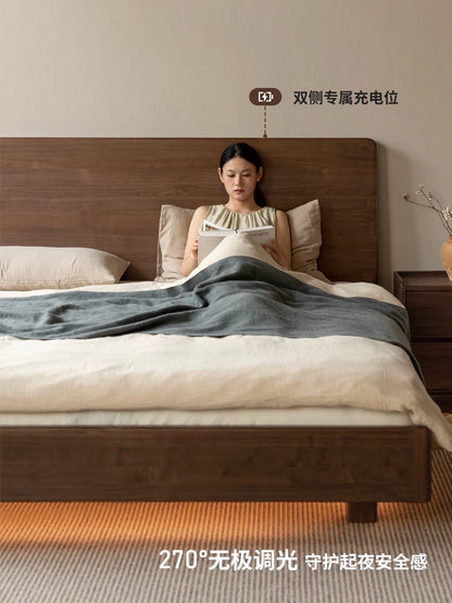 实木床意式轻奢大板床卧室多功能夜光床黑胡桃木双人床
