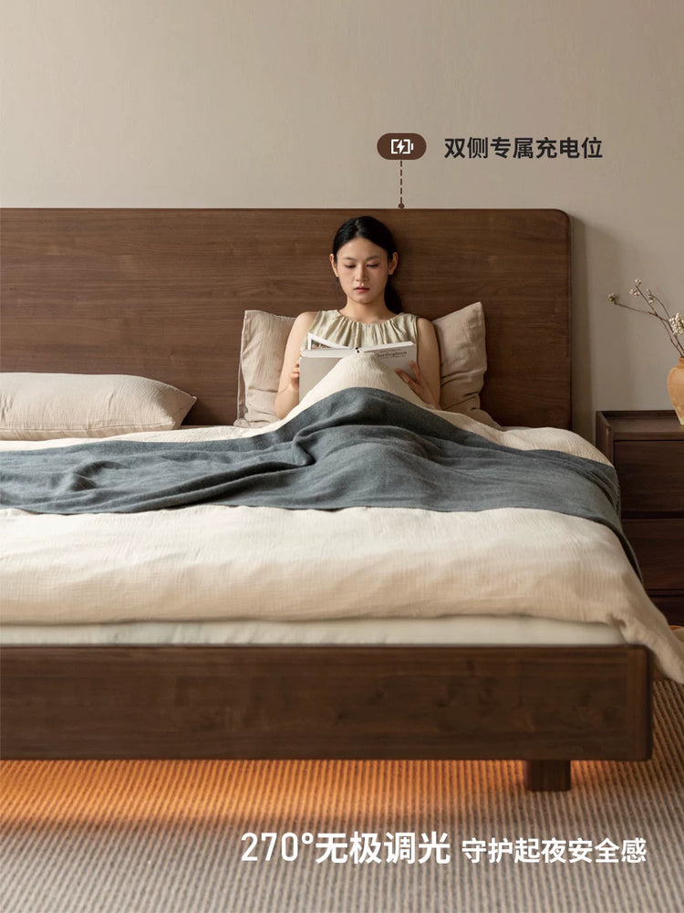 实木床意式轻奢大板床卧室多功能夜光床黑胡桃木双人床