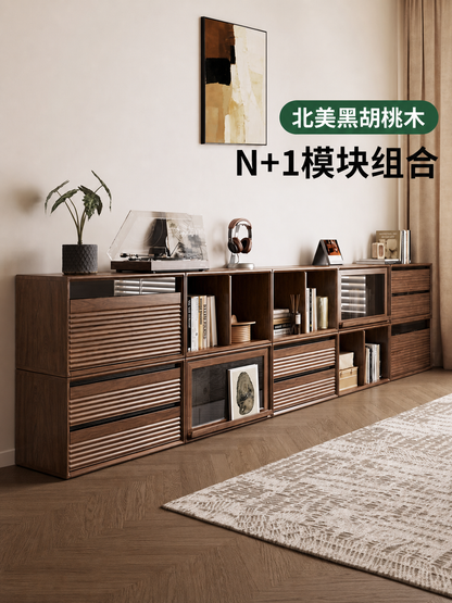 实木电视柜客厅复古收纳储物柜黑胡桃木落地模块组合地柜