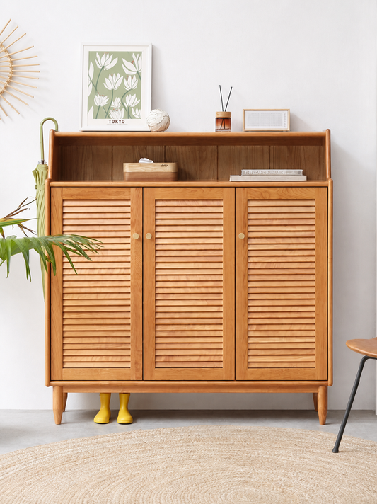 实木鞋柜门口樱桃木玄关柜百叶门客厅入户收纳储物柜