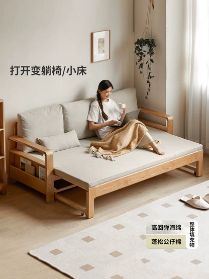 实木沙发床北欧客厅橡木折叠沙发冬夏两用小户型伸缩床