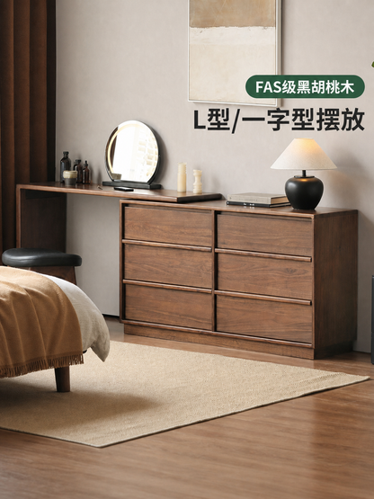 实木化妆桌卧室轻奢一字板梳妆台黑胡桃木斗柜化妆台