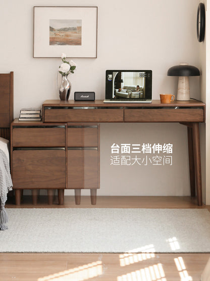 实木伸缩书桌书房下柜一体办公桌黑胡桃木带抽学习桌