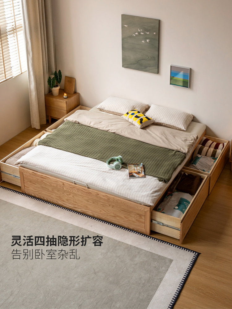 实木床现代简约储物抽屉床卧室榻榻米床橡木齐边床