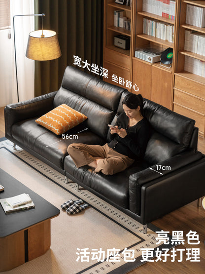 真皮沙发客厅意式轻奢高靠背黑色高脚直排沙发