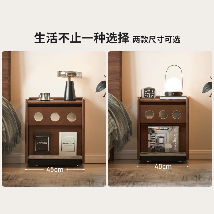 实木床头柜卧室复古移动储物柜胡桃色带插座收纳柜