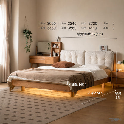 实木床樱桃木主卧双人床简约布艺软靠床悬浮夜光大床