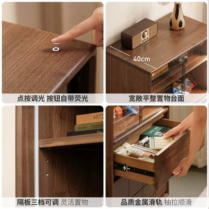 实木边柜客厅现代简约收纳储物柜黑胡桃木落地带灯展示柜