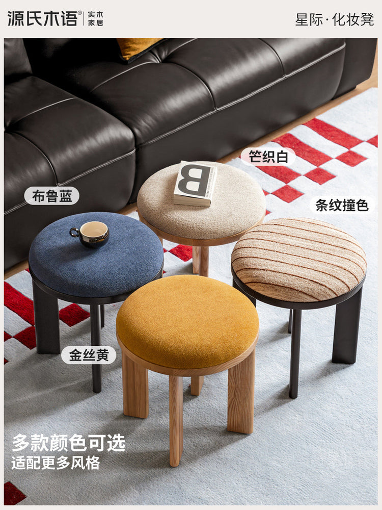 实木化妆凳卧室中古风雪尼尔软包凳白蜡木黑色梳妆凳