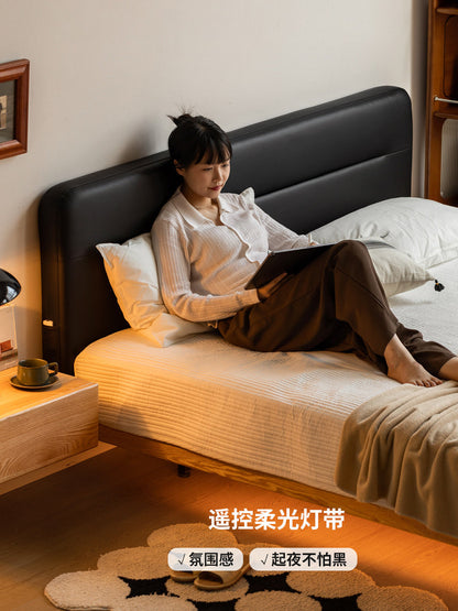 实木床软包床简约带灯悬浮床双人床小户型橡木极简黑色床