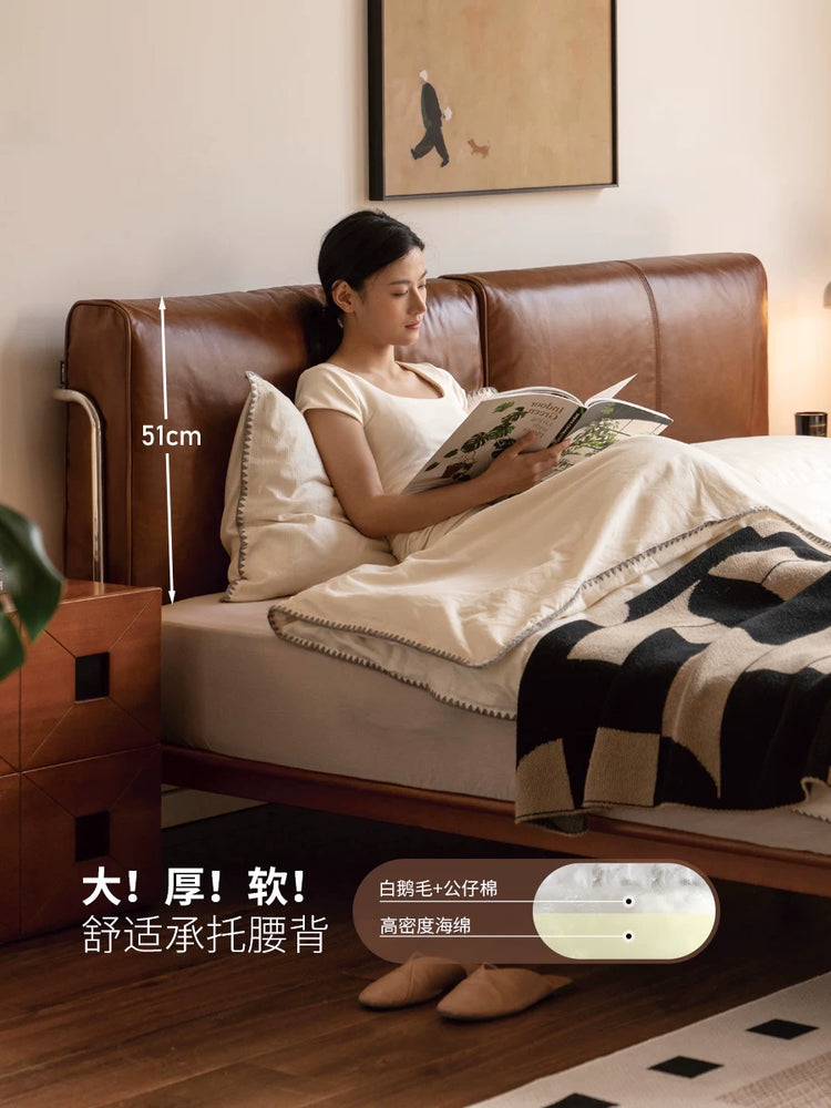 真皮床卧室包豪斯头层牛皮软靠床中古风高靠背双人床