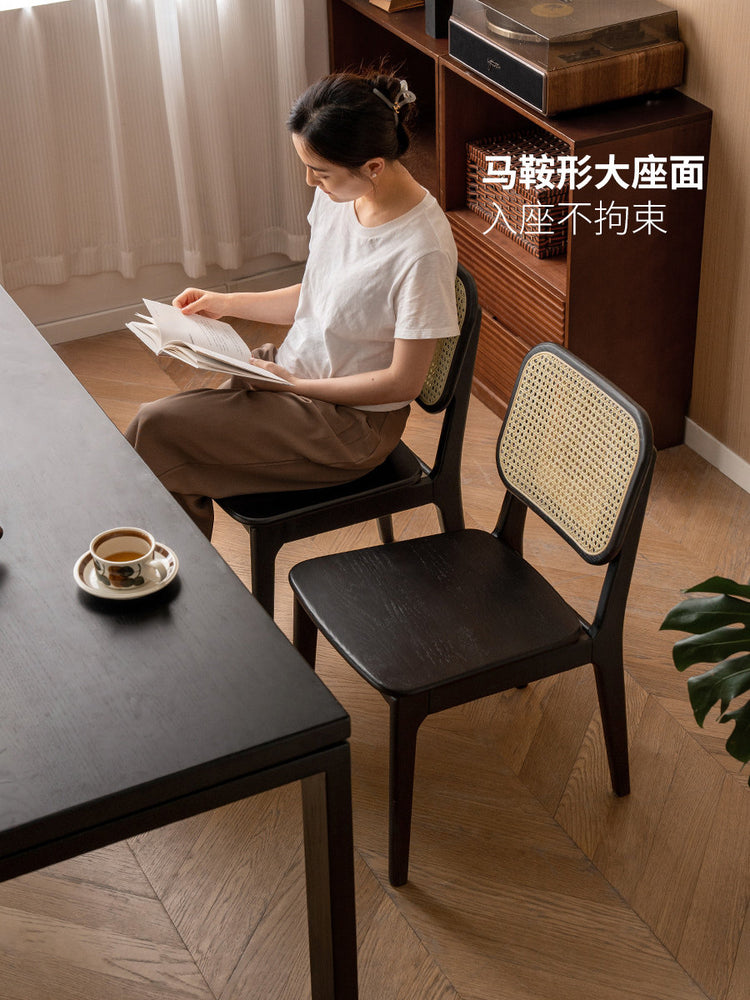 实木餐椅餐厅休闲靠背椅藤编椅橡木轻奢黑色吃饭椅子