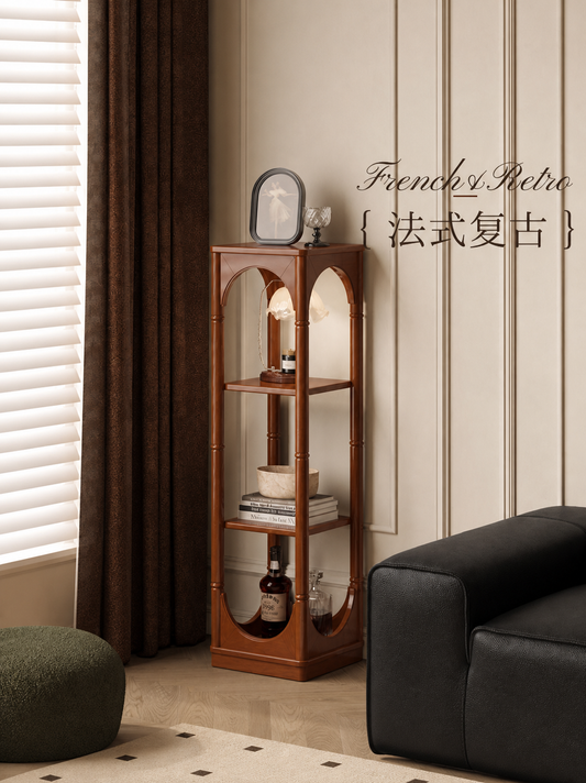 Solid wood shelving unit, French vintage style storage rack, floor-standing display shelf for small spaces