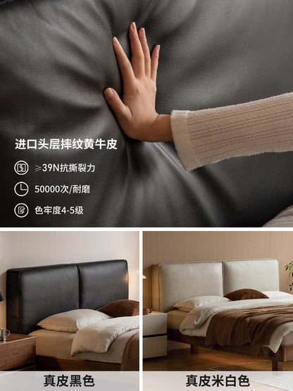 实木床真皮床简约黑胡桃木双人床家居豆腐块床带灯悬浮床