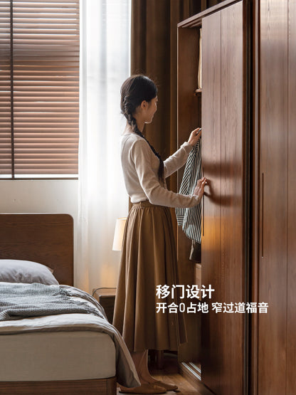 实木衣柜现代简约储物柜卧室白蜡木胡桃色衣橱移门收纳柜