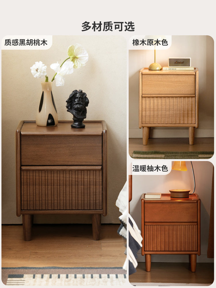 实木床头柜卧室床边黑胡桃木柜子中古风骨骼线储物柜