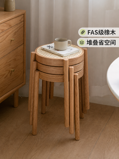 实木凳子可叠放藤编小圆凳简约矮餐凳化妆凳客厅板凳