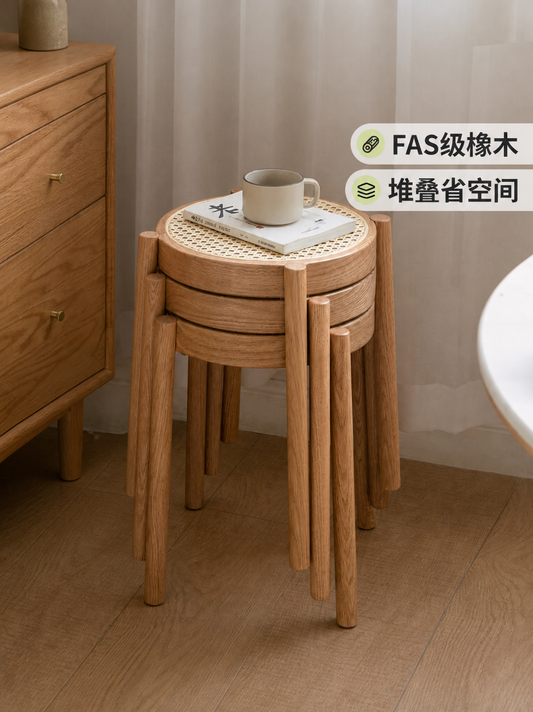 实木凳子可叠放藤编小圆凳简约矮餐凳化妆凳客厅板凳