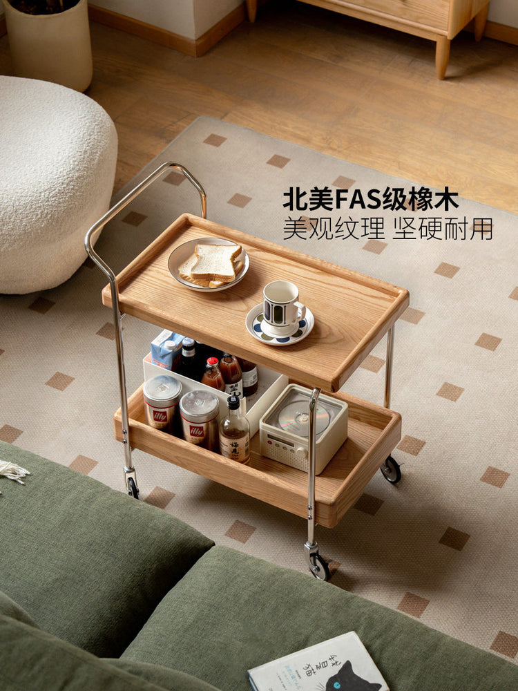 实木边几现代简约双层收纳小茶几橡木小户型移动小推车