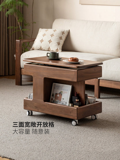 [20-Day Pre-order] Solid Wood Liftable and Rotatable Coffee Table, Black Walnut Side Table, Movable Small Trolley for Living Room