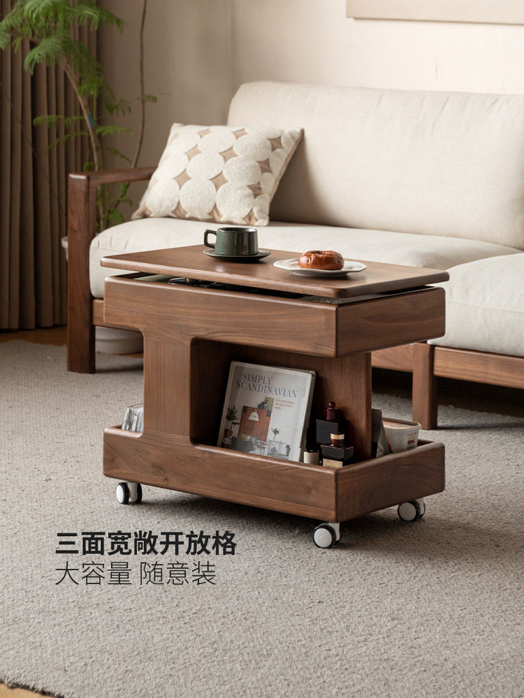 [20-Day Pre-order] Solid Wood Liftable and Rotatable Coffee Table, Black Walnut Side Table, Movable Small Trolley for Living Room
