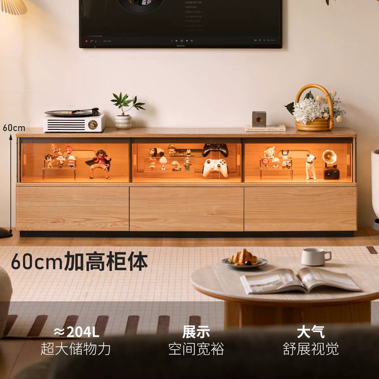实木加高双层电视柜客厅简约收纳柜落地橡木手办展示柜