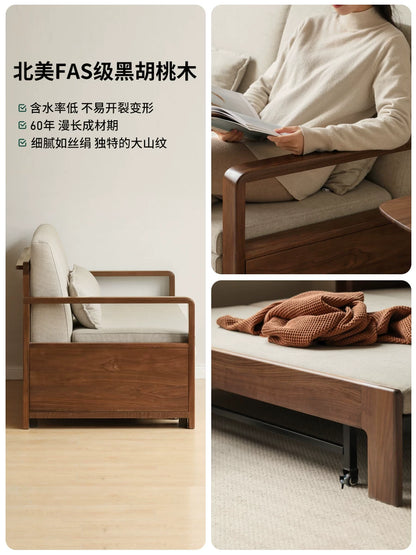 实木折叠沙发床客厅黑胡桃木坐卧两用沙发小户型布艺沙发