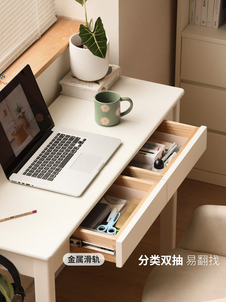 全实木书桌奶油风电脑桌小户型超窄桌子学习桌白色长条桌