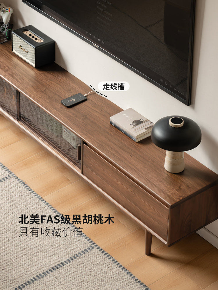实木电视柜客厅现代简约移门储物柜黑胡桃木收纳地柜