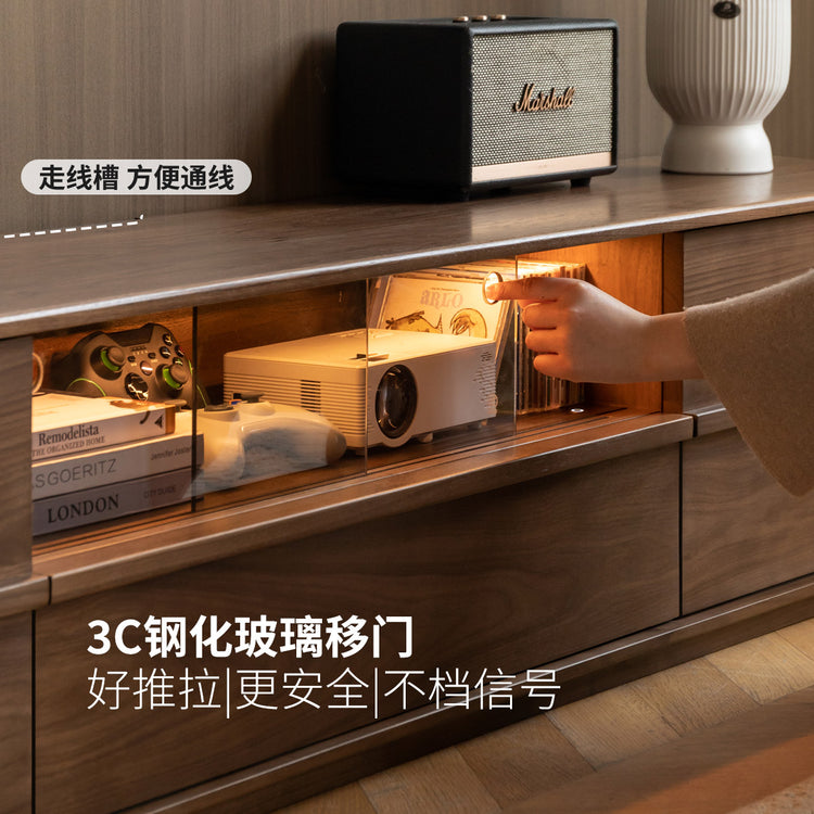 实木电视柜客厅侘寂风收纳储物一体黑胡桃木落地地柜