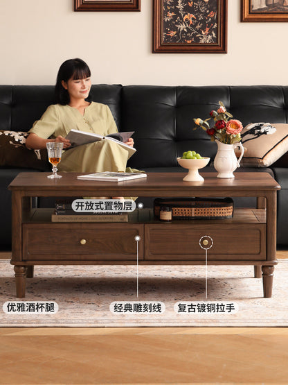 实木茶几美式复古茶水桌黑胡桃木茶台客厅中古收纳泡茶桌