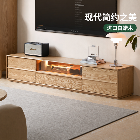 实木电视柜客厅侘寂风白蜡木收纳储物柜落地靠墙地柜