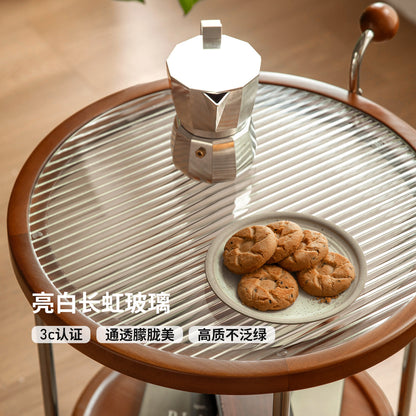 实木边几客厅包豪斯移动圆几中古风小户型双层玻璃小茶几