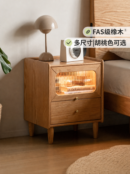实木床头柜卧室带灯床边柜橡木原木风小柜子储物柜
