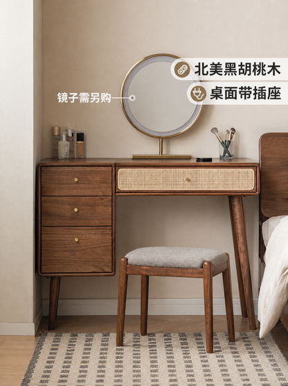实木梳妆台卧室现代简约书桌黑胡桃木化妆桌收纳柜一体