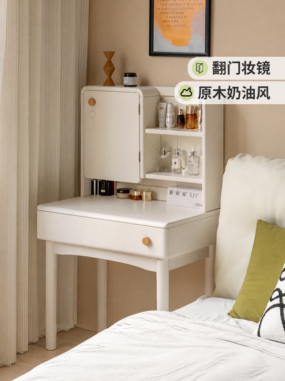 实木梳妆台奶油风卧室化妆桌简约白色化妆台带妆镜