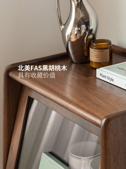 实木边柜现代简约客厅玻璃翻门展示柜黑胡桃木高脚置物柜