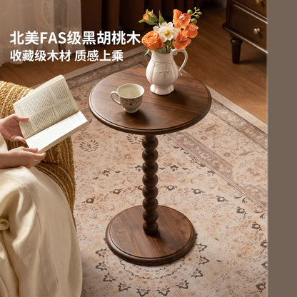 实木边几美式复古茶几客厅法式沙发边桌黑胡桃木小圆桌