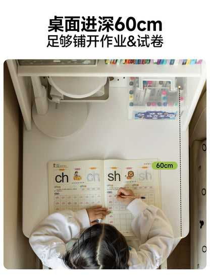实木儿童学习桌白色奶油风书桌书架一体小学生写字桌