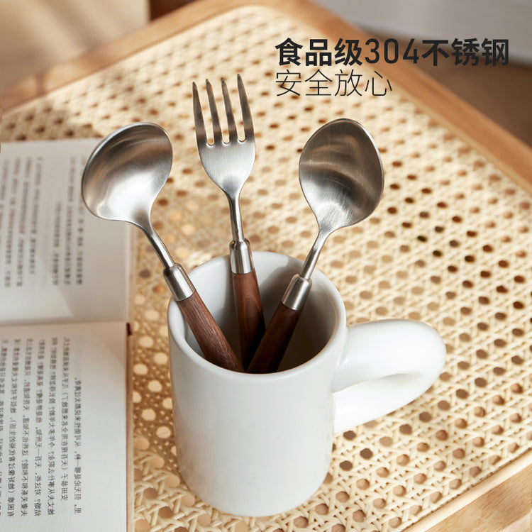 食品级不锈钢餐具儿童用餐勺高颜值简约黑胡桃木餐叉