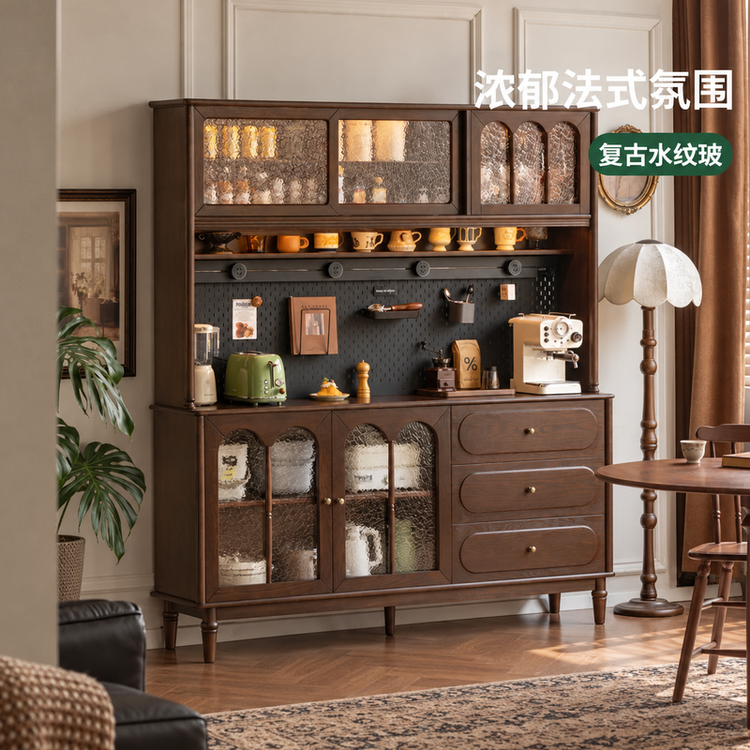 实木餐边柜法式复古餐厅置物柜储物柜胡桃色茶水柜子